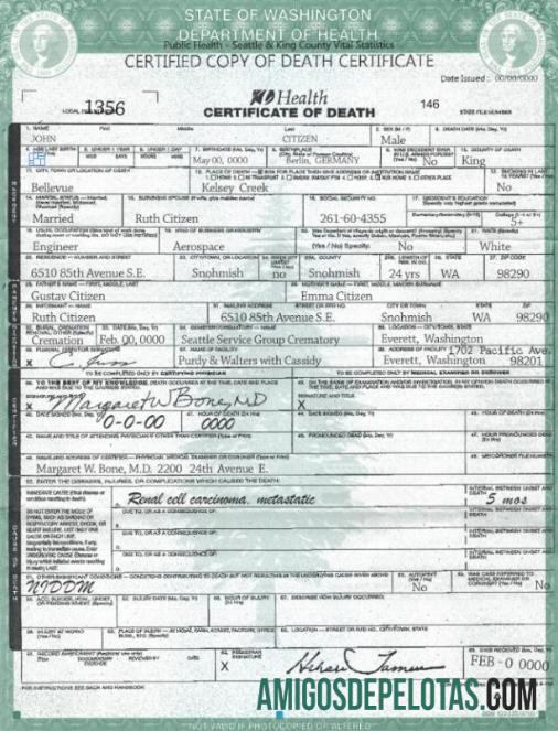 Realista modelo de certidão de óbito do estado de Washington, EUA, em formato PSD, totalmente editável, versão 2